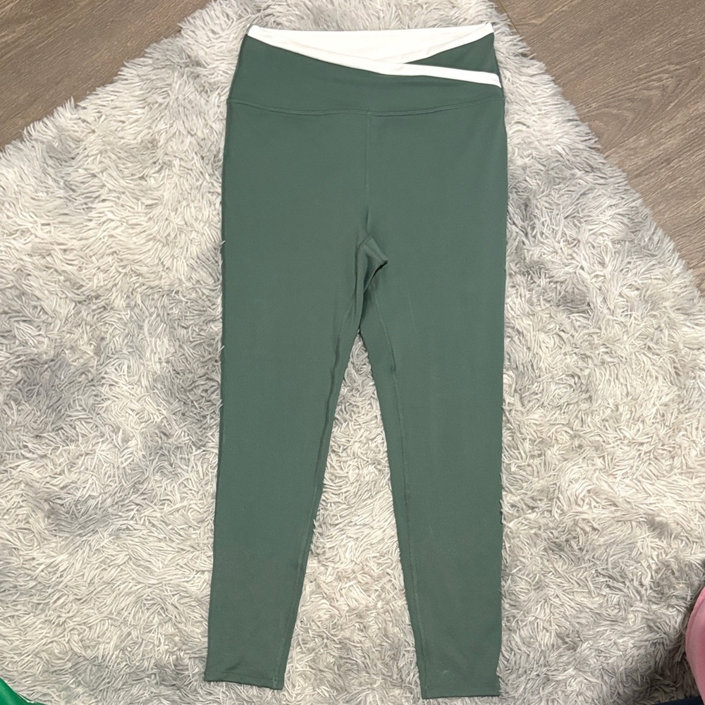 Women’s Green Leggings with White Waistband Medium